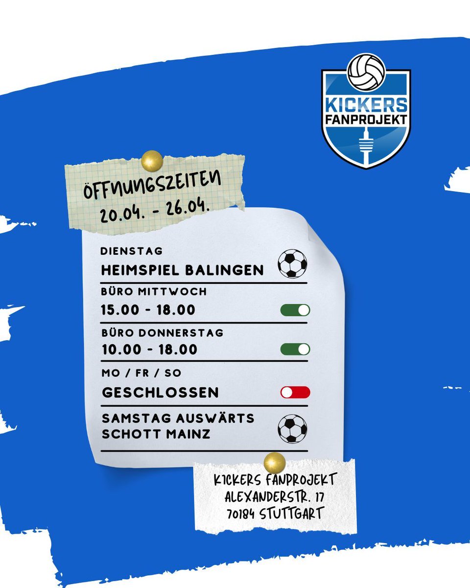 KickersFP's tweet photo. +++ Öffnungszeiten 20.04. - 26.04.2026 +++

Wir haben in der kommenden Woche etwas eingeschränkte Öffnungszeiten auf Grund von Terminen und Spieltagen.

#aufdieblaue #öffnungszeiten #sozialearbeitmitfußballfans #kickersfanprojekt https://t.co/rd6dly5e9m