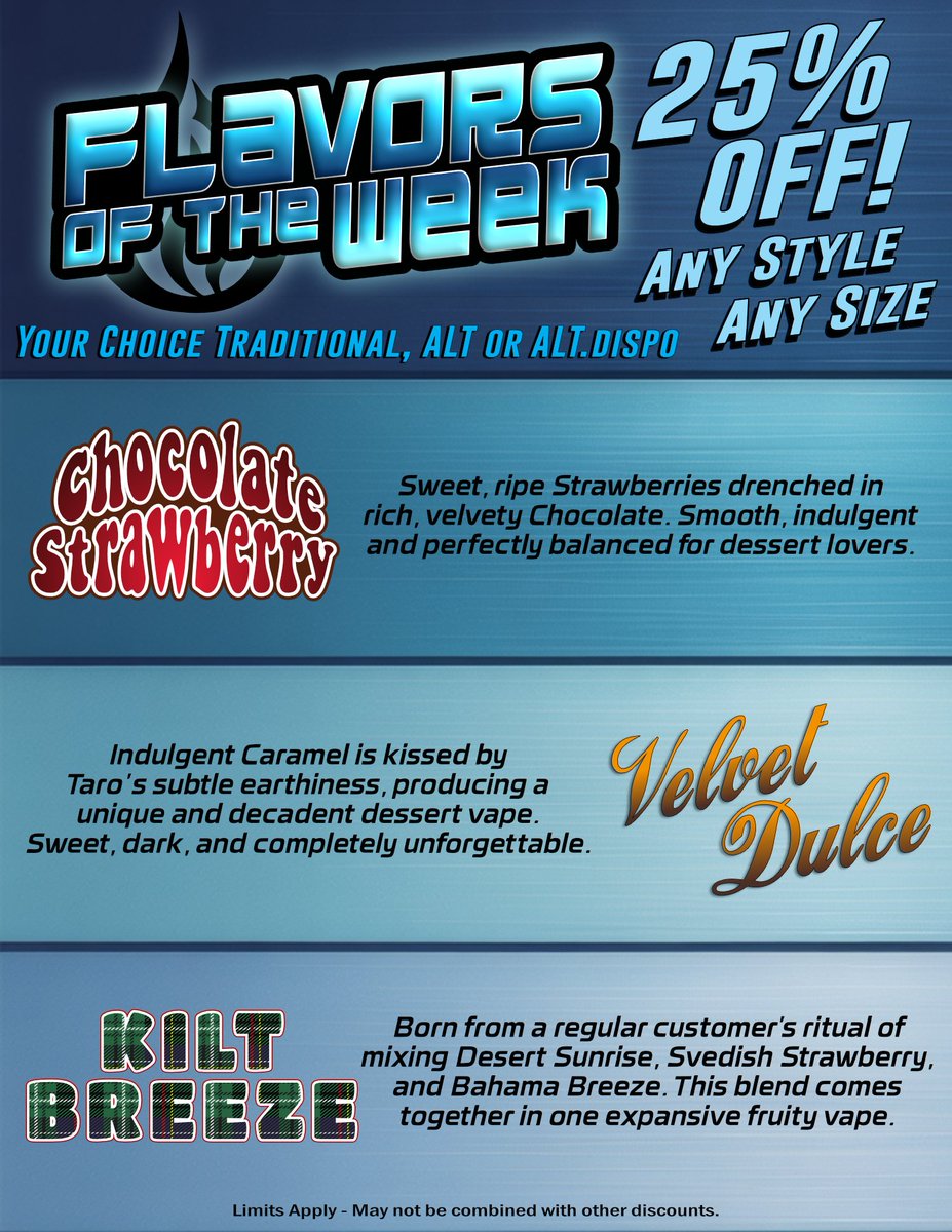 OldPuebloVapor's tweet image. Another three flavors comes your way! We've got the ripe and rich Chocolate Strawberry, the decadent and caramelized Velvet Dulce, and finally a customers perfectly fruity blend, Kilt Breeze. We're sure we've got something for you. #bestinvaping #vape #tucson #smallbusiness #opv