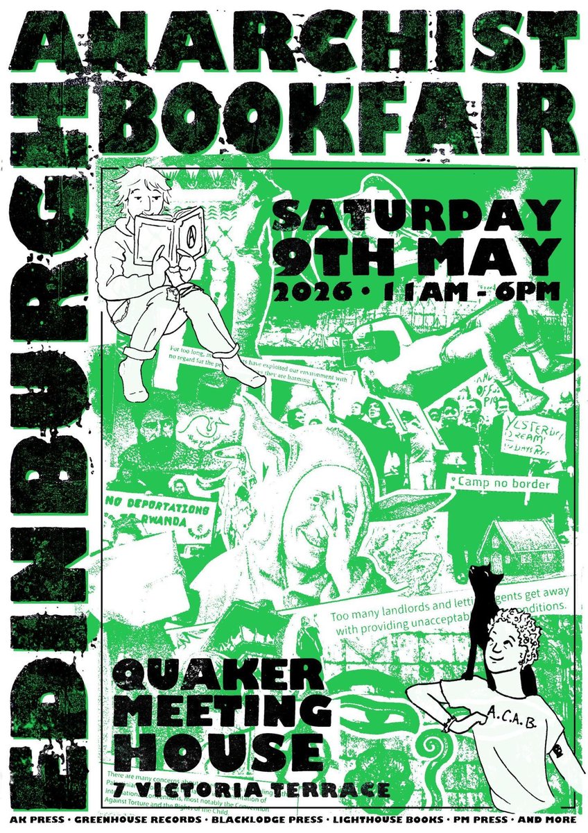 autlibrary_edi's tweet photo. We're so excited to share on behalf of the Edinburgh Anarchist Bookfair, this announcement of the first installment of this new era of Edinburgh's own anarchist bookfair!
Saturday May 9th from 11am to 6pm, at the Quaker Meeting House
You can find them at: https://t.co/TbyV8Kye6x https://t.co/TJixhGL4Gg