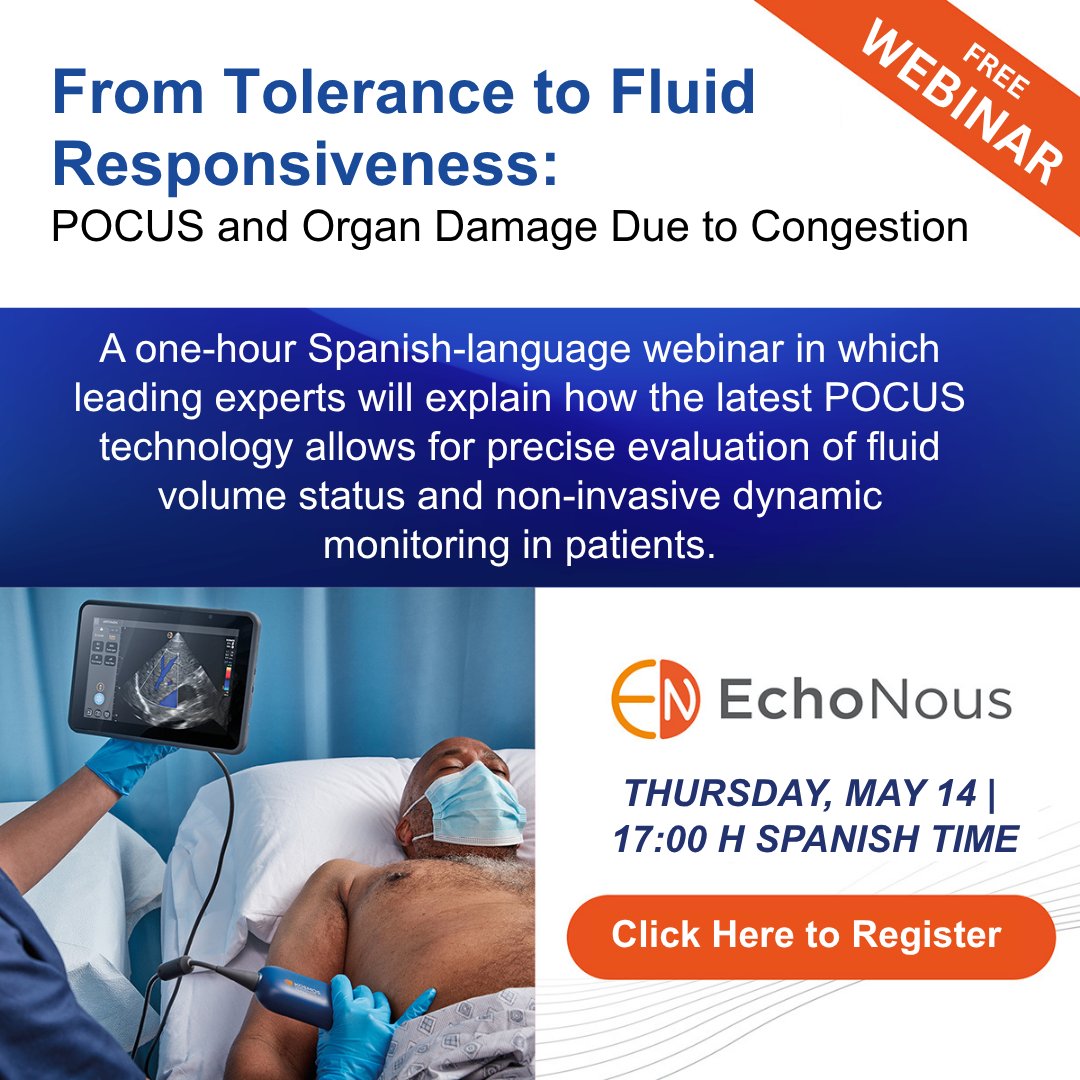 EchoNous_Inc's tweet photo. Seminario web GRATUITO de una hora, organizado por EchoNous, pionero en ecografía en el punto de atención (POCUS), dirigido a nefrólogos, médicos de urgencias y otras especialidades médicas. Incluido Dr. José de la Flor Merino (@josedelaflora), Dr. Salvador López Gil (@salvadorlgil), Dr. Eduardo Rios Argaiz (@ArgaizR), y Dr. Abel Torrelles Fortuny.

Expertos destacados explicarán cómo la tecnología POCUS más reciente permite evaluar con precisión el estado del volumen de fluidos y realizar una monitorización dinámica no invasiva en los pacientes.
—
FREE one-hour webinar (in Spanish), organized by EchoNous, aimed at nephrologists, emergency physicians, and other
medical specialties. Including Dr. José de la Flor Merino (@josedelaflora), Dr. Salvador López Gil (@salvadorlgil), Dr. Eduardo Rios Argaiz (@ArgaizR), and Dr. Abel Torrelles Fortuny.

Leading experts will explain how the latest POCUS technology enables the precise assessment of fluid volume status and the performance of non-invasive dynamic monitoring in patients.