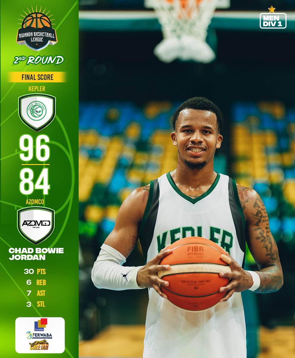 ferwabaRW's tweet photo. What a performance! 🔥👀 
Chad Bowie Jordan CARRIED Kepler to a 96-84 win over AZOMCO 😤 
30 PTS | 7 AST | 6 REB | 3 STL 
Who’s stopping him ? Drop a 🔥 if you watched it live! 
#RBL26 https://t.co/LB2Ye6mHfw