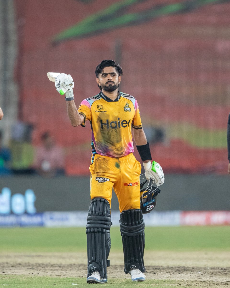 thePSLt20's tweet image. Sweat. Grit. Determination. 

Babar's celebration after that tremendous century had all the emotions 🤩

#HBLPSL11 |#NewEra | #PZvQG