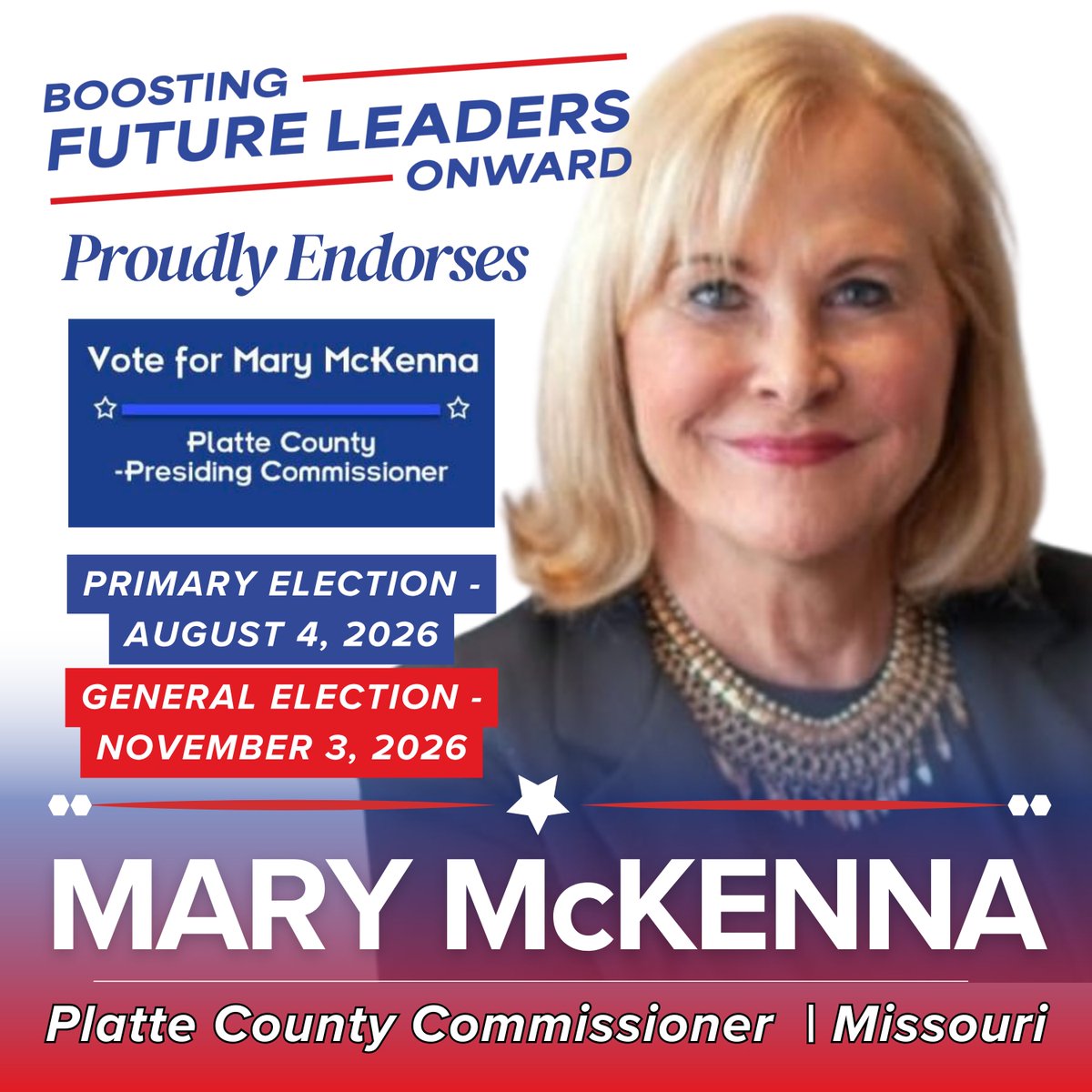 BoostingLeaders's tweet photo. We are proud to announce our first endorsement in  Missouri: Mary McKenna for Platte County Presiding Commissioner.

A communications professional, she’s running to ensure every resident has a voice and strong representation in county gov't. 
Learn more: https://t.co/rqLls1VOMa https://t.co/nHzed7UP8Y