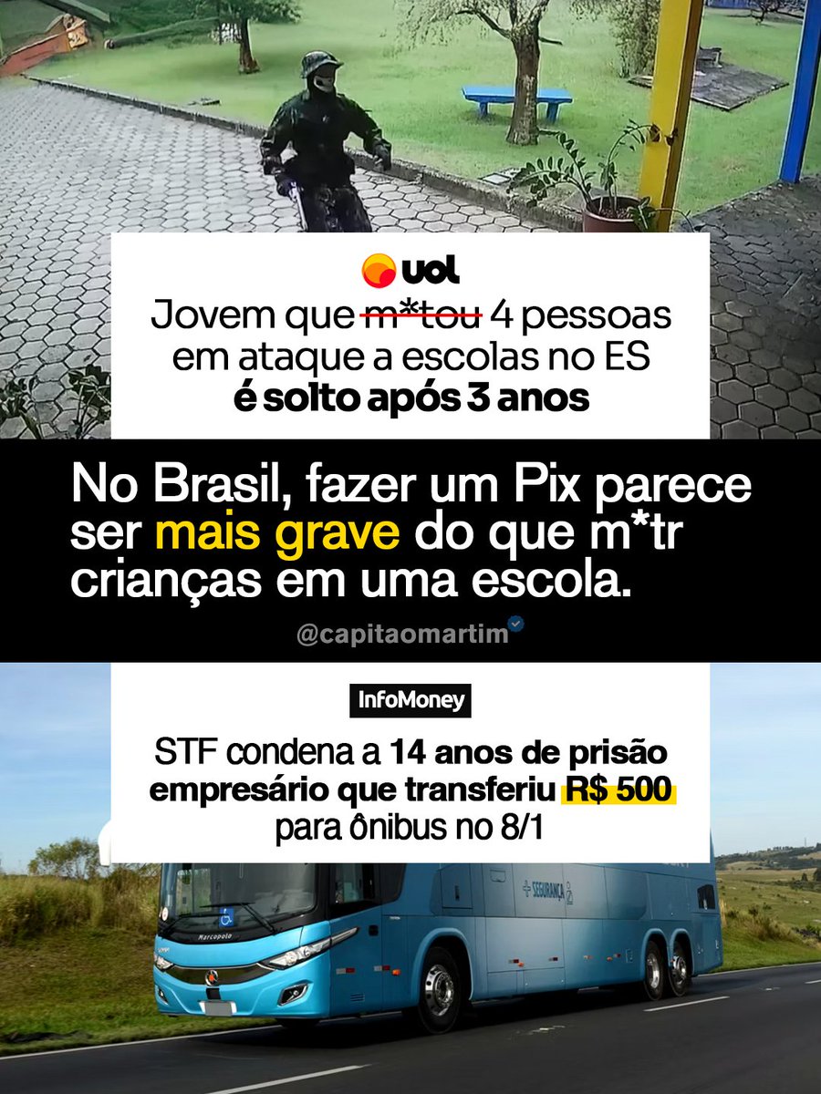 CapitaoMartim's tweet photo. Quem m*t* está nas ruas, e quem faz Pix está sendo condenado a 14 anos.

O mundo gira, e o Brasil capota. https://t.co/s5ghJgkmyE