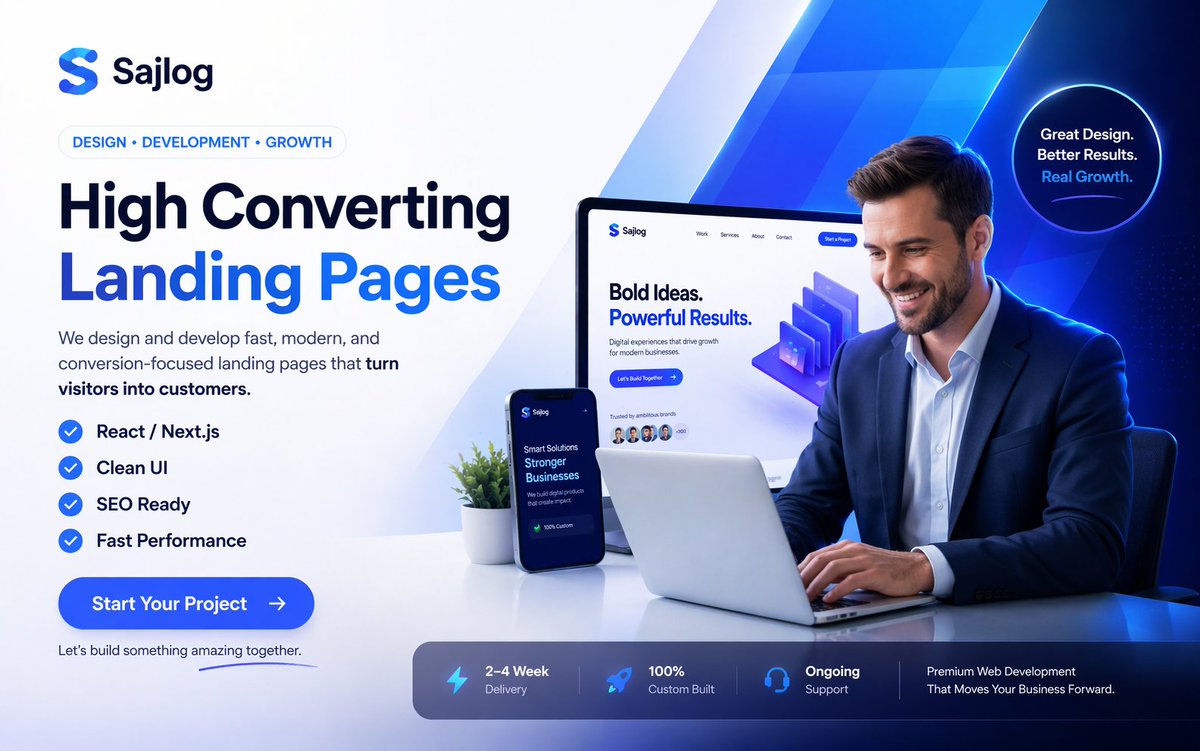 sajlog's tweet image. Traffic doesn’t grow businesses. Conversions do.

We build high-converting landing pages using React &amp;amp; Next.js ⚡
Fast. Clean. SEO-ready.
Your website should SELL — not just exist.

🚀 sajlog.com

#WebDevelopment #ReactJS #Startups #SaaS #WebDesign