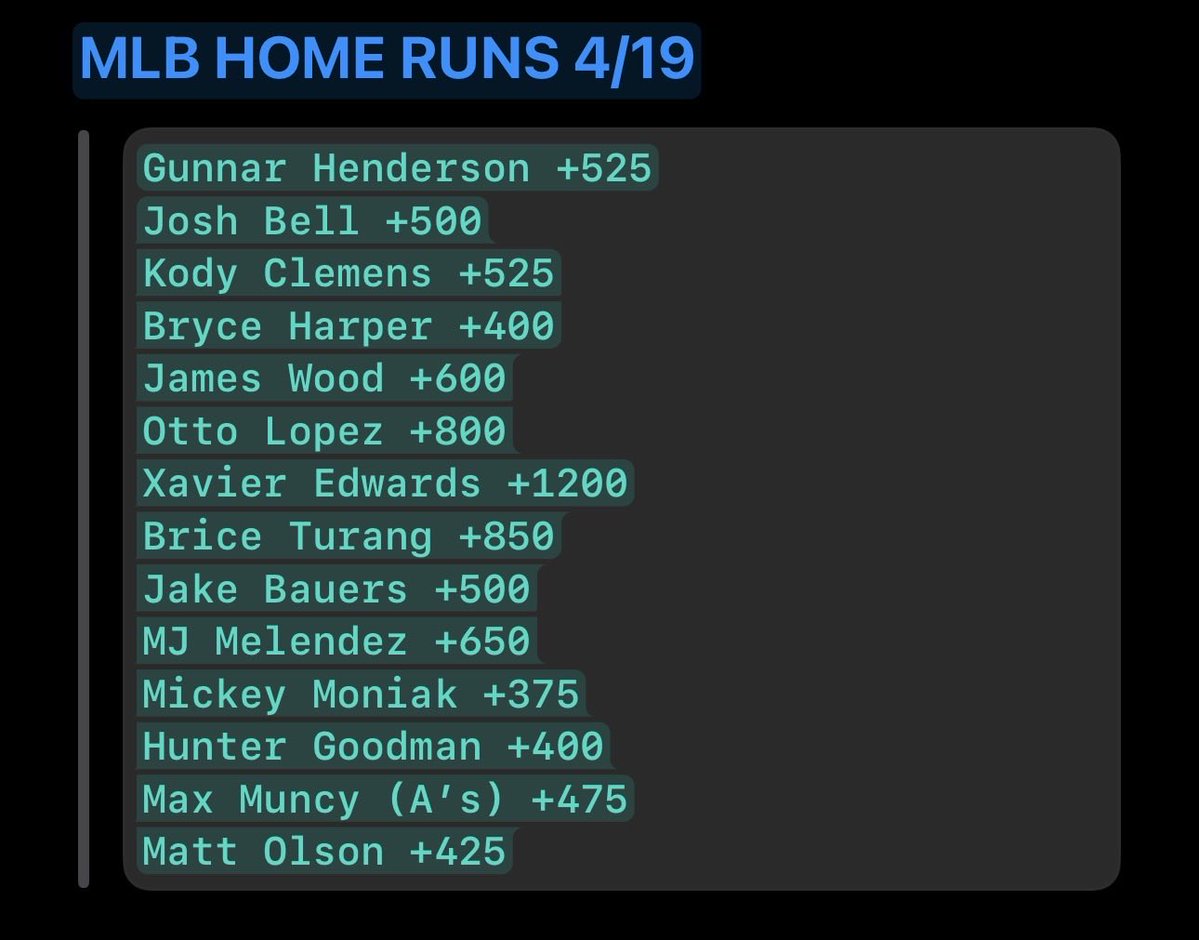 zynprops's tweet image. MLB HOME RUNS 4/19 ⚾️☄️

Weird slate today so don’t go crazy but looks like we got some good value.

#Gambling𝕏