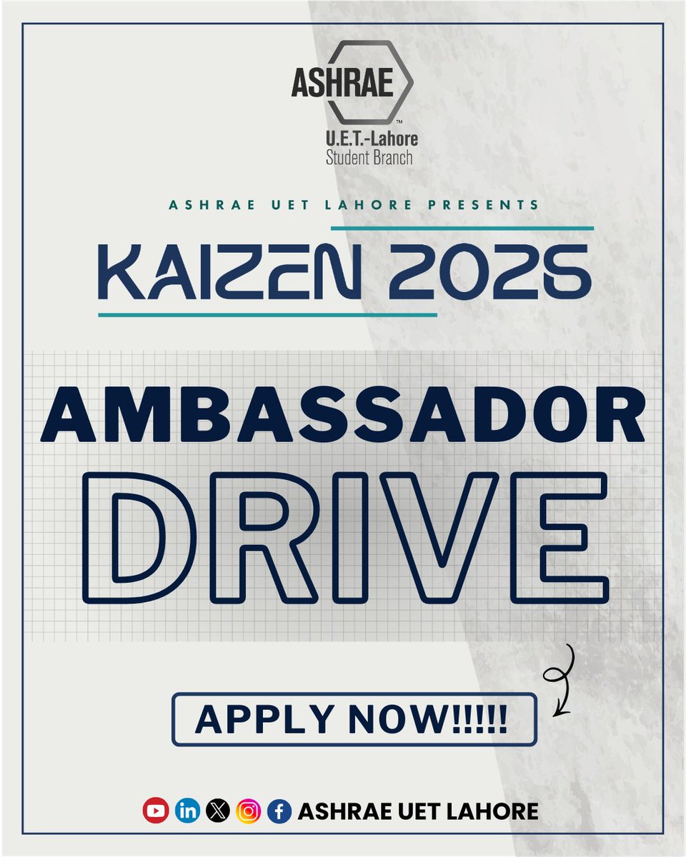 ashraeuetlhr's tweet image. Kaizen 2026 isn’t just an event—it’s a standard. We’re looking for leaders who don’t follow trends, they create them.
Be an Ambassador. Lead the engineering evolution with ASHRAE.
Apply now: forms.gle/uziQQUoiJwuDHj…⁠�
#Kaizen #ASHRAEUET #Lead #Excel #Explore