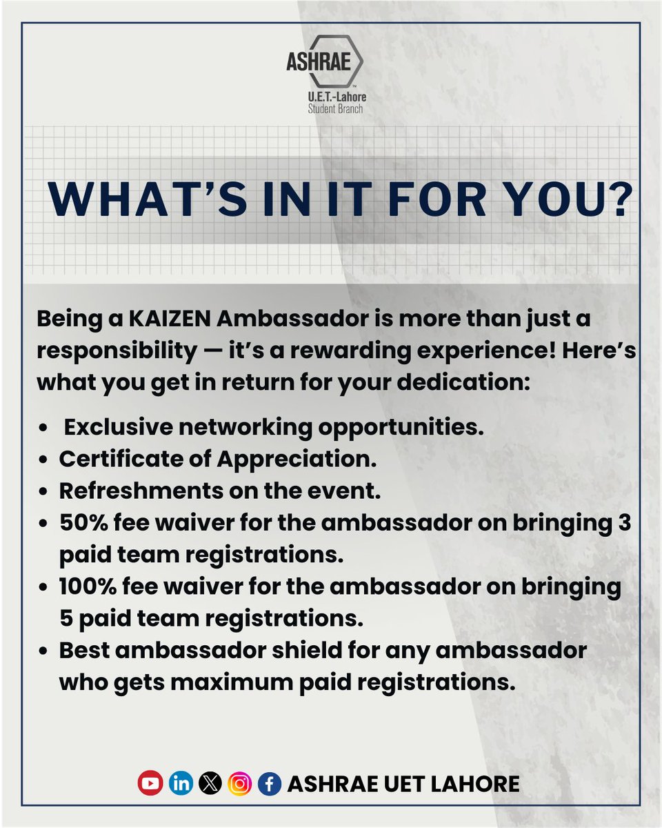 ashraeuetlhr's tweet image. Kaizen 2026 isn’t just an event—it’s a standard. We’re looking for leaders who don’t follow trends, they create them.
Be an Ambassador. Lead the engineering evolution with ASHRAE.
Apply now: forms.gle/uziQQUoiJwuDHj…⁠�
#Kaizen #ASHRAEUET #Lead #Excel #Explore