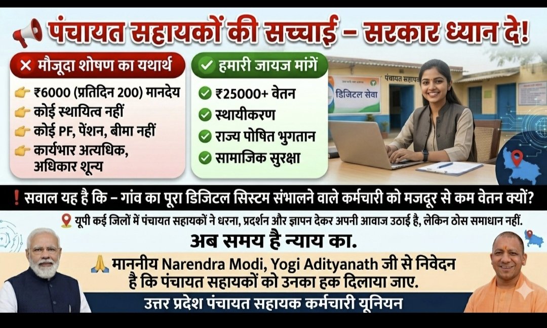 OmeshSi34662983's tweet image. UP #bjp #gov द्वारा पंचायत सहायको से मात्र 6000 मानदेय देकर कार्य कराया जा रहा है, शोषण किया जा रहा है। हर रोज अन्य विभागों का काम सौंपा जा रहा है किसी भी कार्य मे लगा दिया जा रहा है , बंधुवा मजदूर का अहसास करा दिया है इस सरकार ने, 4 साल से अधिक हो गया लेकिन अब तक मानदेय नही बढ़ा