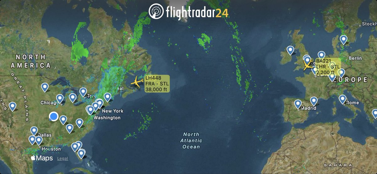 AviationStl's tweet photo. For the first time in a long time, two flights from Europe are in the air and on their way to @flystl! 

Big day for the city and I am thankful for everyone that made it happen. https://t.co/4x9xDmwci6