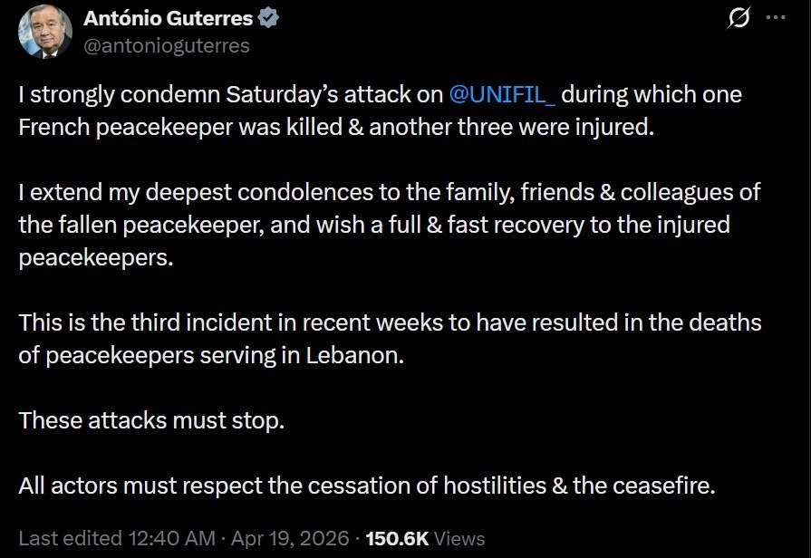 NofyahX's tweet image. Gutierrez is scum. UN Secretary-General and known antisemite António Guterres condemns the killing of a French UNIFIL soldier without mentioning in his statement the name “Hezbollah” (which slaughtered him).

Guterres is on the same side of Hezbollah terrorists.
#Screenshot