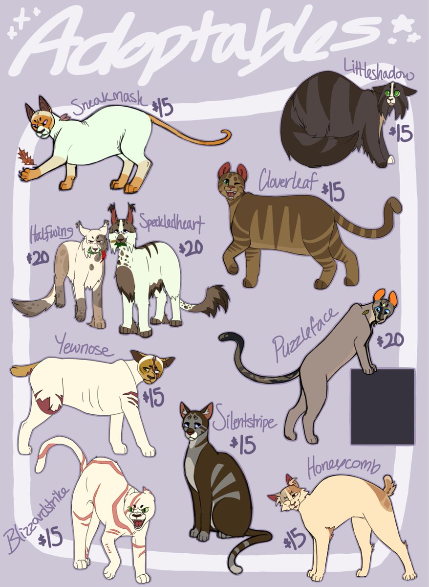 KaijuMutt's tweet image. ⚔️🐱FUNKY LITTLE BATTLE CAT ADOPTS🐱⚔️

Reply or DM if interested!

**PP and Cashapp accepted!**

#adopts #adoptables #forsale #warriorcats #clangen #clangenerator #wc #originalcharacter #oc #adoptabledesigns
#characterdesign