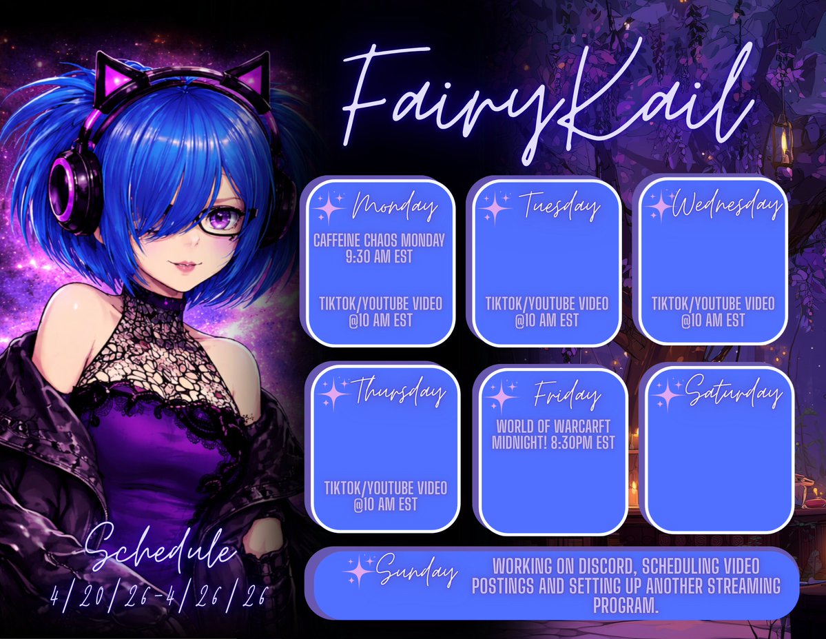 FairyKail's tweet image. Been a hot minute, however, we are slowly getting back to the swing of things on this platform at least. Here is the stream schedule for 4/20-4/26/2026 #smallstreamer