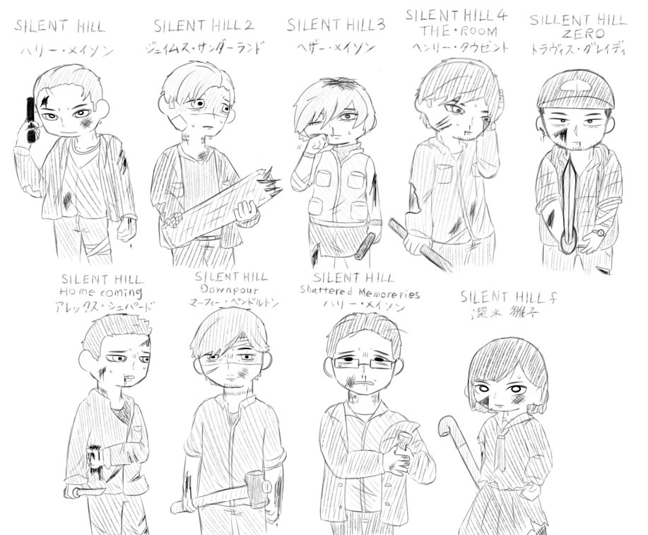 mekeimon's tweet photo. #silenthill
シリーズの主人公が肉体的・精神的にボロボロになってる所がみたい
　描いてない主人公もいるけど、そこはごめんなさい https://t.co/KMcOvKMVOG