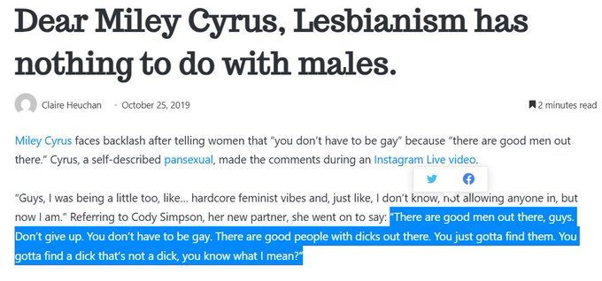 Miley Cyrus is a lesbophobe who has said lesbians "don't have to be gay" and "just need to find the right man"