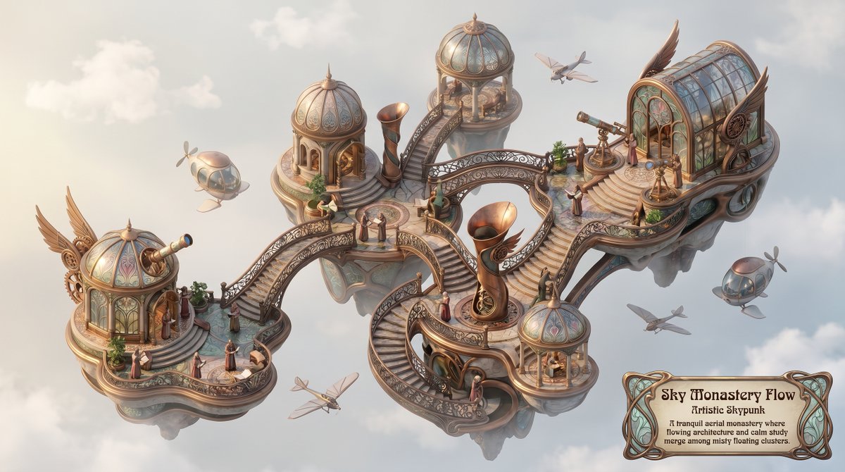 artingent's tweet image. Whimsical miniature world depiction of a sky monastery in an artistic skypunk style. Generated using Nano banana pro. Prompt in the first reply
#AiGenerated #Promptshare #nanobanana