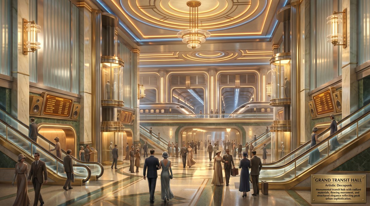 artingent's tweet image. A grand lobby of a transit hub in an artistic decopunk style. Generated using Nano banana pro. Prompt in the first reply
#AiGenerated #Promptshare #nanobanana