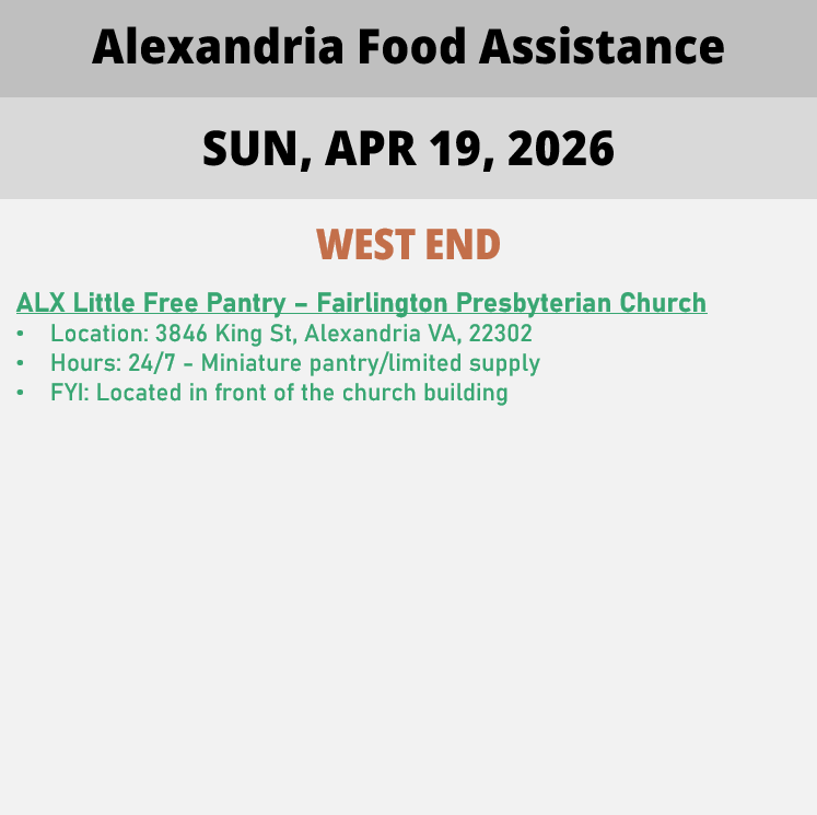 hungerfreealx's tweet image. (Post 1 of 2) On Sunday, April 19, 2026, here are open locations in Alexandria, VA for food assistance, organized by neighborhood. Everybody deserves to eat. #help #finding #food #alexandriava