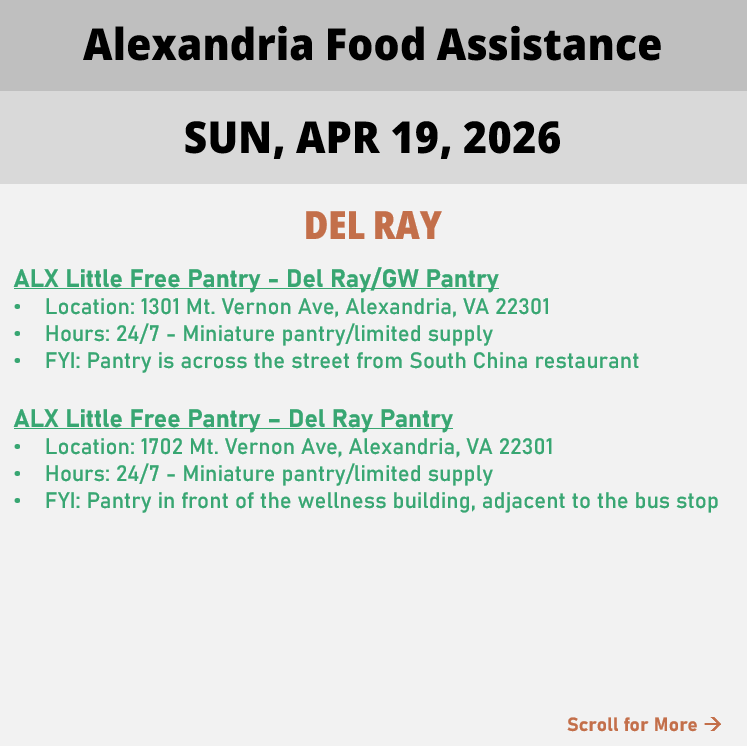 hungerfreealx's tweet image. (Post 1 of 2) On Sunday, April 19, 2026, here are open locations in Alexandria, VA for food assistance, organized by neighborhood. Everybody deserves to eat. #help #finding #food #alexandriava