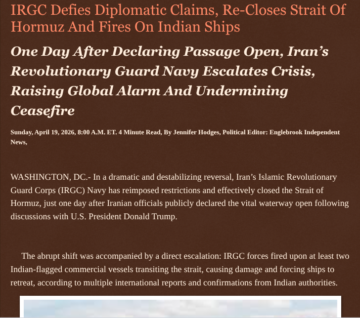 ArtFletcher9's tweet photo. IRGC Defies Diplomatic Claims, Re-Closes Strait Of Hormuz And Fires On Indian Ships https://t.co/KpXW4x44wN via @Englebrooknews #WashingtonDC #IranWar #IRGC, #Closes #straitofHormuz #gunboats #India #global #shipping @wireless_step @HRG_Media @LodiNJNews @Fordmb1953 @SarahGeving1 @Shannon96574094 @DanCook26214426 @Daytobehappy @janninereid1 @gator4kb18 @TrumpWasRite2 @KathyKbrose @RobGerundo @JimBobW49
