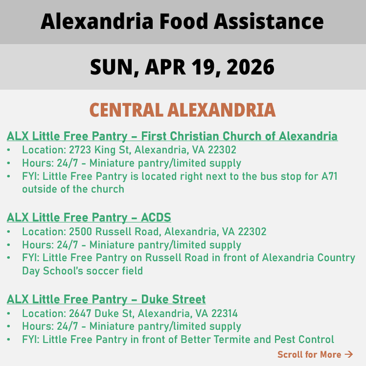 hungerfreealx's tweet image. (Post 2 of 2) On Sunday, April 19, 2026, here are open locations in Alexandria, VA for food assistance, organized by neighborhood. Everybody deserves to eat. #help #finding #food #alexandriava