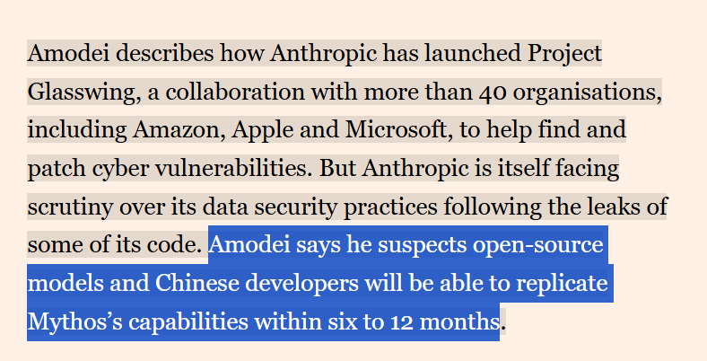 TechieUltimatum's tweet image. Anthropic CEO Dario Amodei says rivals could match Claude Mythos in months 👀

Claude Mythos Preview launched Apr 7 and reportedly leads key benchmarks:

• 93.9% SWE-bench Verified
• Strong reasoning
• Cybersecurity via Project Glasswing

His message: AI progress is moving