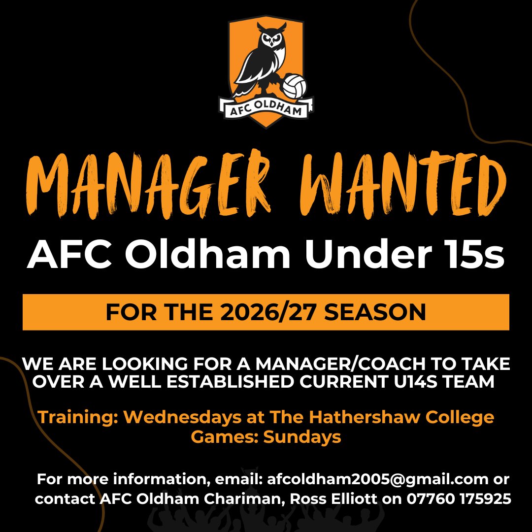 AFCOldham's tweet photo. AFC Oldham U14s are looking for a new manager/coach for next season 🦉⚽

Well established team and a great group of players and parents. 🧡

Please email afcoldham2005@gmail.com or contact Ross on 07760 175925 for more information. https://t.co/haG9Ap98Bb