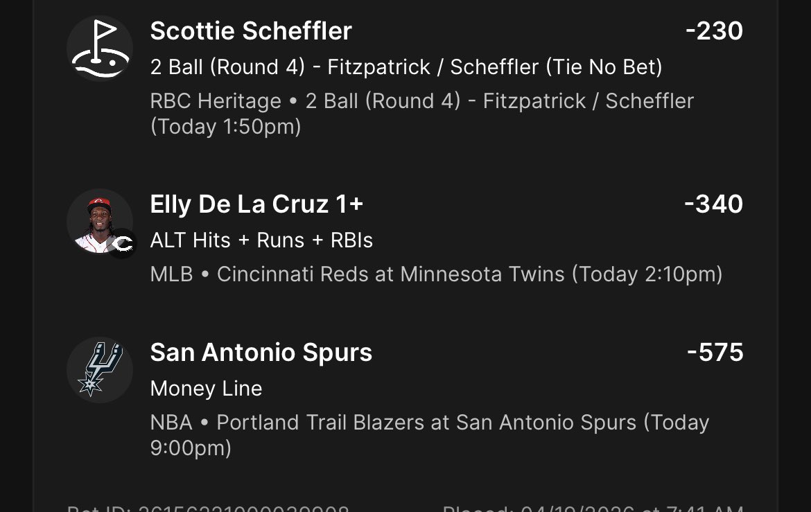 VegasL6050's tweet image. 4/19

3 Leg +129 Parlay

S. Scheffler 2 ball winner (vs M. Fitzpatrick) 🇺🇸 ⛳️ 
E. De La Cruz 1+ H+R+RBI's ⚾️ 
Spurs ML 🏀 

Looking to stay hot. 

Bonus NBA play today as well. 

#pga #rbc #mlb #Cincinnati #reds #nba #spurs #fanatics #draftkings #Gambling𝕏 #sportsbetting