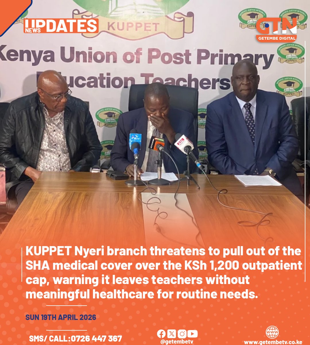 GetembeTV's tweet image. KUPPET Nyeri branch threatens to pull out of the SHA medical cover.
#KUPPET #SHA #Teachers #KenyaNews #BreakingNews #getembedigital