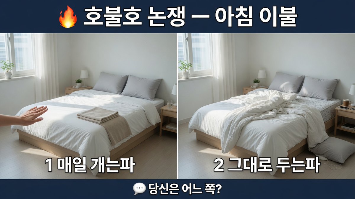 이불 안 개는 사람 방에 놀러 가면 침대가 전쟁터다. 

1️⃣ 정리파 
침대 하나 10초 만에 정리 못 하는 사람이 인생 계획을 세우겠냐. 
출발점이 이미 무너졌다. 

2️⃣ 방치파 
이불 각 잡는 사람 중에 주름 하나 때문에 지각하는 경우 봤다. 
정돈이 아니라 강박이다. 

💬 당신은 어느 쪽?