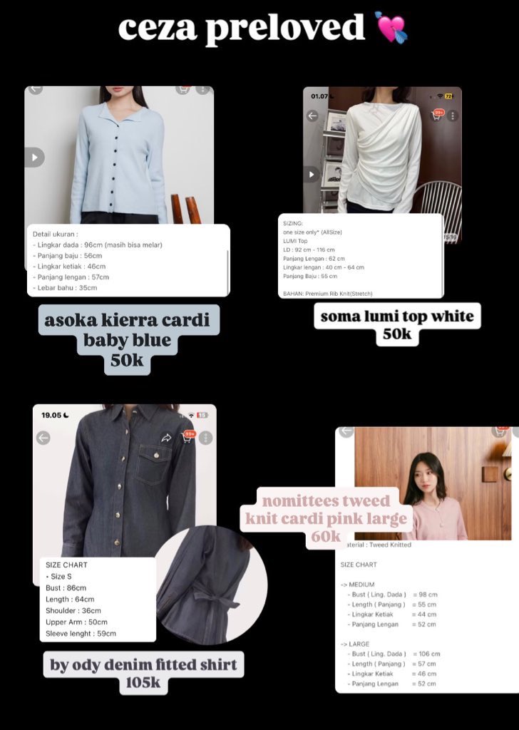 shovqe's tweet photo. hii aku mau preloved baju2 aku yang personal used dan masi bagus semuaa bisa req foto asli dan videoin condi nya dulu ya feel free to ask🙆🏻‍♀️ dom jateng dan bisa oren yaaa wtb cardigan wtb top wtb kemeja wtb fitted shirt puff it up soma by ody nomittees asoka #zonauangㅤ https://t.co/RVLRuybPqF