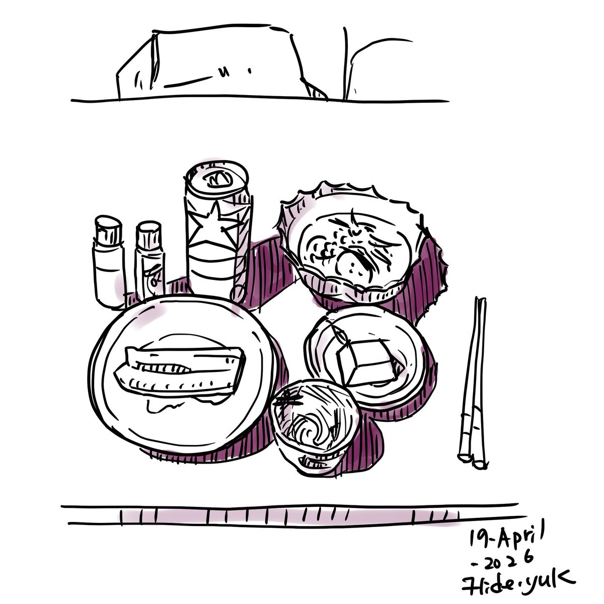 hidebosan's tweet image. latihan. makan malam pada hari ini. 今日の夕食。 #sketsapen #pensketch  #sketch #clipstudio #makanan