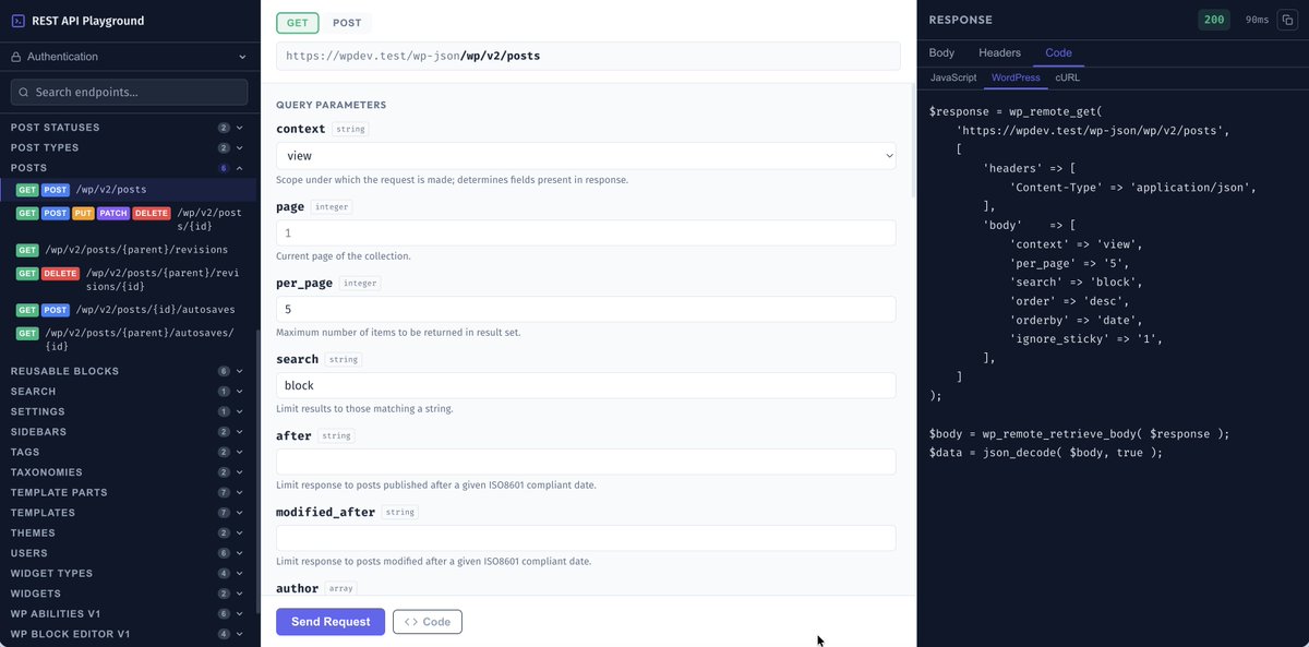 chandrappatel's tweet photo. Added Code Examples tab to WordPress REST API Playground (v1.1.0) — JavaScript fetch(), PHP wp_remote_get/wp_remote_post, and cURL snippets for every request. Code can also be previewed before sending a request.
GitHub: https://t.co/Ch8Mo6Zfok https://t.co/dw8yxyl0dU