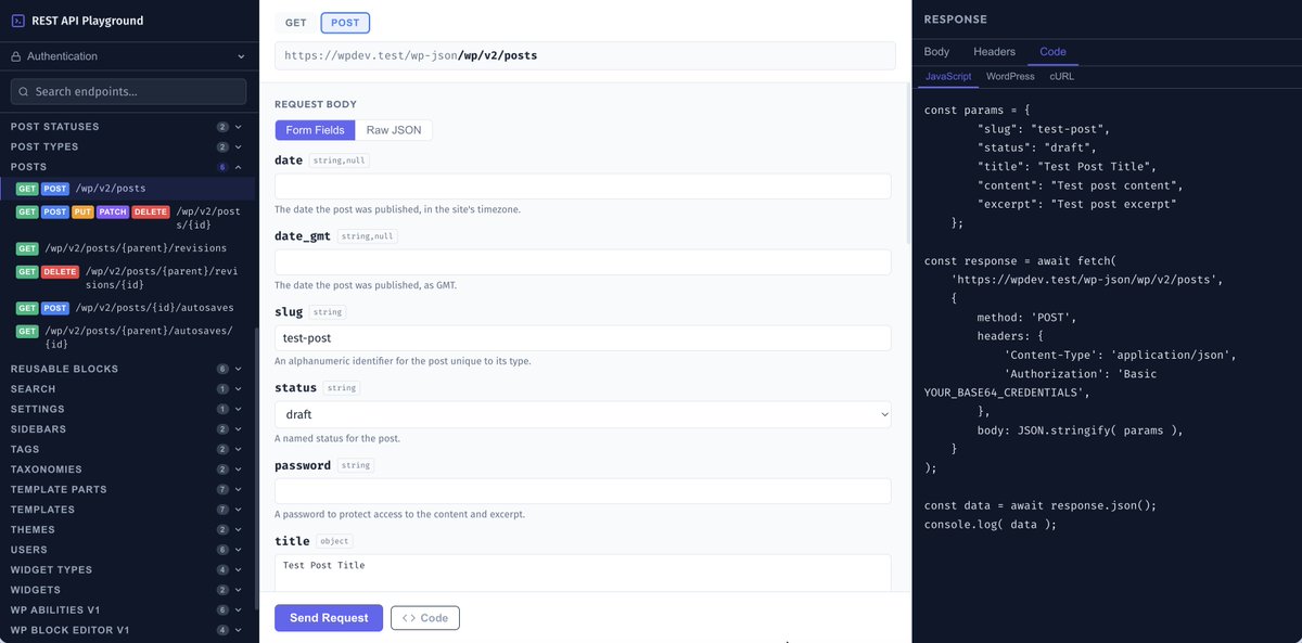 chandrappatel's tweet photo. Added Code Examples tab to WordPress REST API Playground (v1.1.0) — JavaScript fetch(), PHP wp_remote_get/wp_remote_post, and cURL snippets for every request. Code can also be previewed before sending a request.
GitHub: https://t.co/Ch8Mo6Zfok https://t.co/dw8yxyl0dU