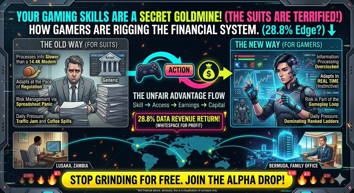 NdeipiCoin's tweet photo. Forget SaaS. The next gen of wealth is built in arenas, not spreadsheets.
Gamers process data faster than traders and know risk like breathing. Yet they get exploited.
It’s not DeFi for gamers. It’s a new capital formation layer.
Skill ➡️ Access ➡️ Earnings ➡️ Capital https://t.co/Ab9YtuQphT