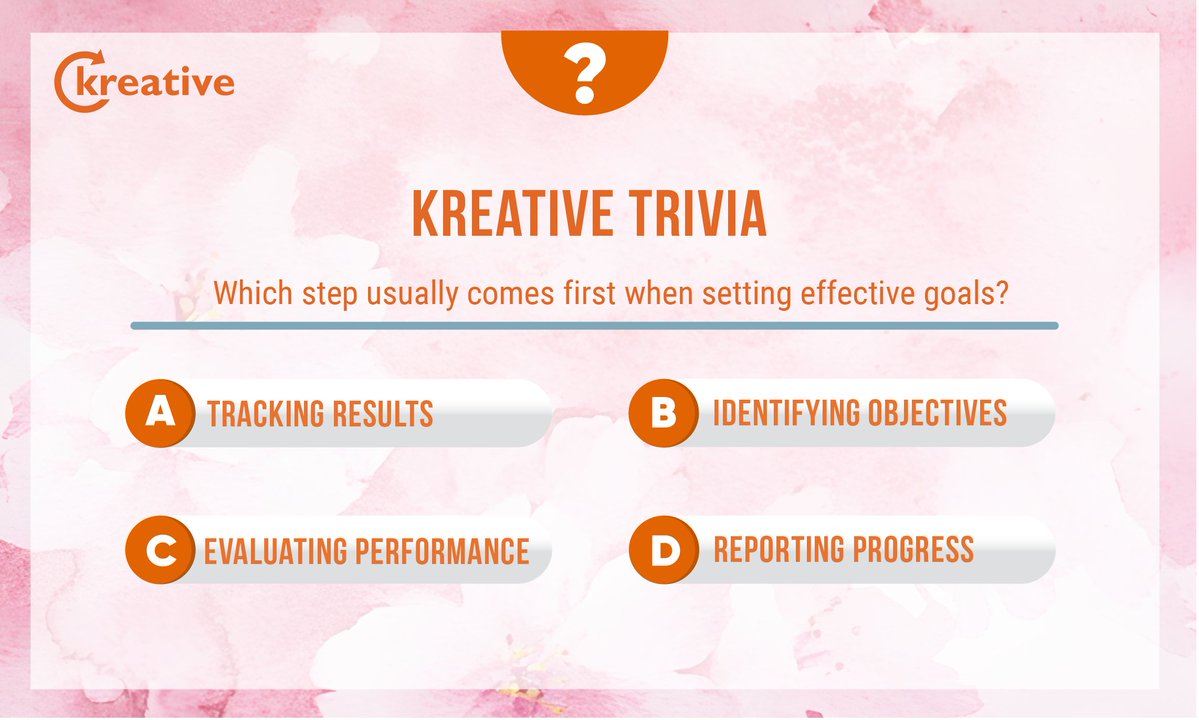 KreativeCorp's tweet image. 🎯 Goal-Setting Trivia 

Which step usually comes first when setting effective goals? 

Drop your guess in the comments below!  

At Kreative, we believe clear objectives are the foundation for strong processes and measurable success. 

#KreativeCorp #TriviaTime #AprilMonth