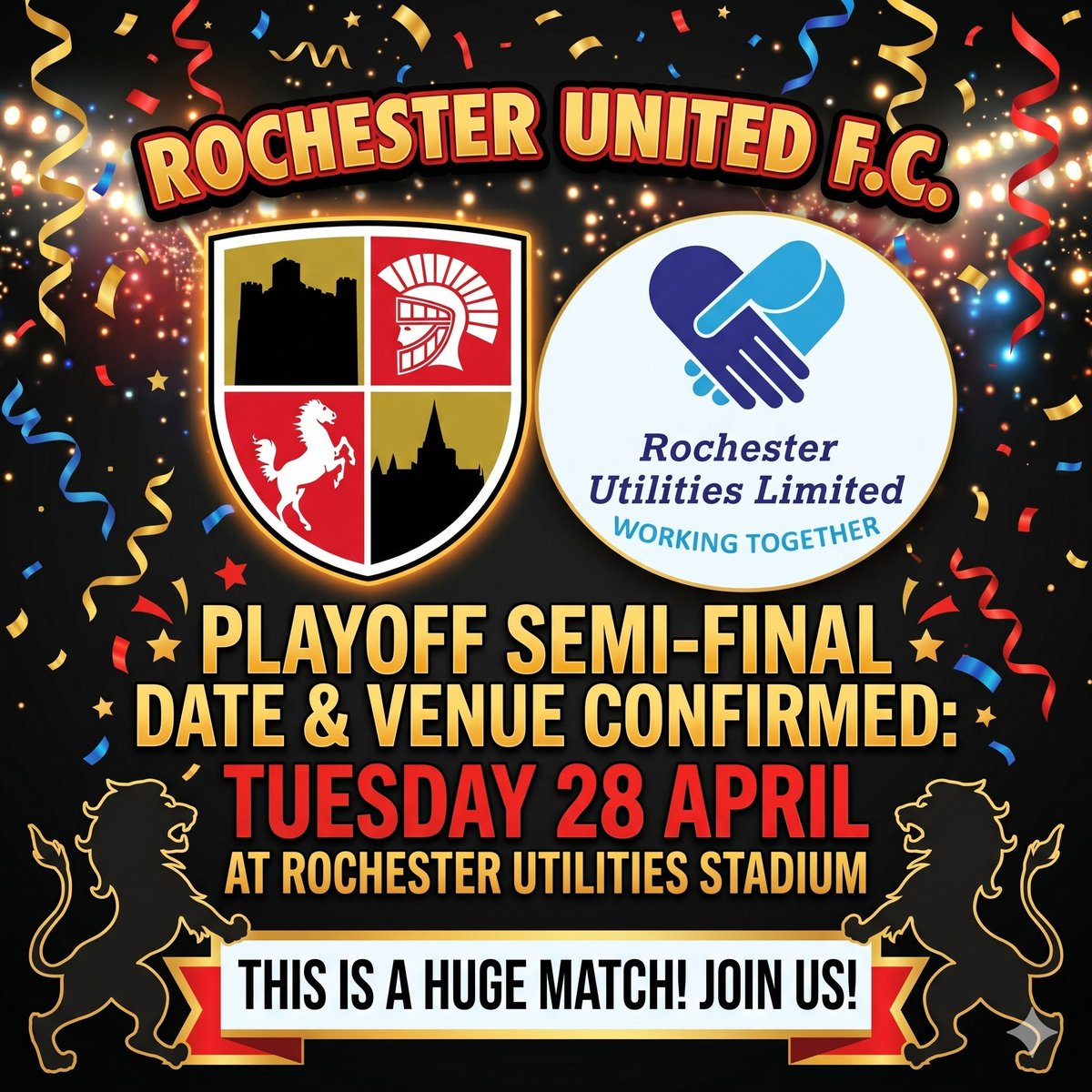 Rochesterutdfc's tweet photo. 🚨 BIG NEWS 🚨

Time to fight for our right....to party!! 

Following results yesterday we are now confirmed to finish in 3rd place meaning we are guaranteed a home tie in the playoff semi final. 

We don't yet know our opponent but will confirm this after the final round of fixtures next weekend. 

So save the date and get ready to support the Spartans - this will be the biggest match at the Rochester Utilities Stadium for years!!! 

🔴⚫ #Spartans