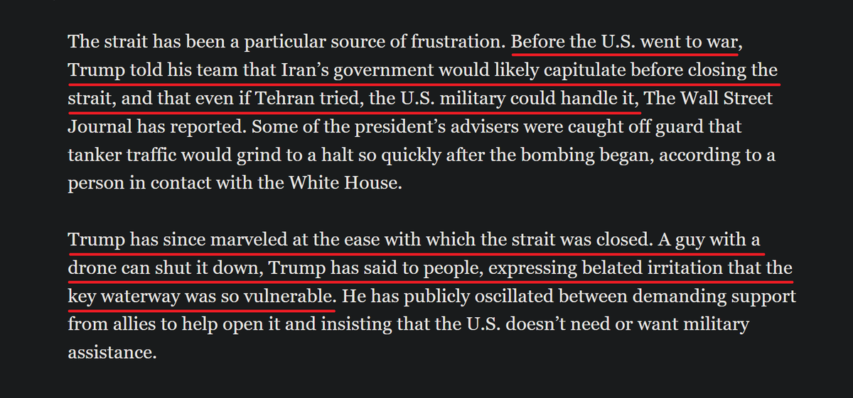 infolibnews's tweet image. Before going to war, Trump thought that Iran "would likely capitulate before closing the [Strait of Hormuz]" but has since "marveled at the ease with which the strait was closed," the WSJ reports.

"A guy with a drone can shut it down," he reportedly lamented after the fact.