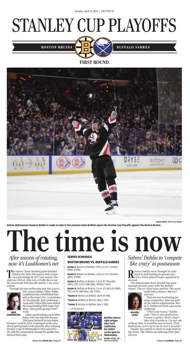 rachelmlenzi's tweet image. Today is the day!

The first #Sabres Stanley Cup Playoff game since April 26, 2011. 

Rasmus Dahlin will play in his first career playoff game.

“I’m just going to go out there, enjoy the moment and have fun and compete like crazy.”

🔗: buffalonews.com/sports/profess…