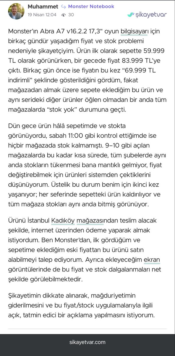 jayjayomer's tweet photo. Sevgili @monsternotebook,
Sepetimde olan 59k olan 
Abra A7 V16.2.2 17,3" ürün 
83k e çıktı. 
M.hiz. İle görüşmemde bişey yapamayacaklarını belirttiler.
Şimdi 69k e düştü sepete ekledim sabah mağazadan teslim alayım diye.
Kartımı girdim neyse sabah girerim dedim.+++ https://t.co/DS7kyo9iT4