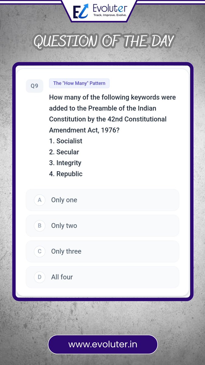 Evoluter_in's tweet image. Question of the day - UPSC 2026 Special

Subject : Polity
Topic : Preamble
Difficulty Level : Easy

#upsc #ias #ips #lbsnaa #gpsc