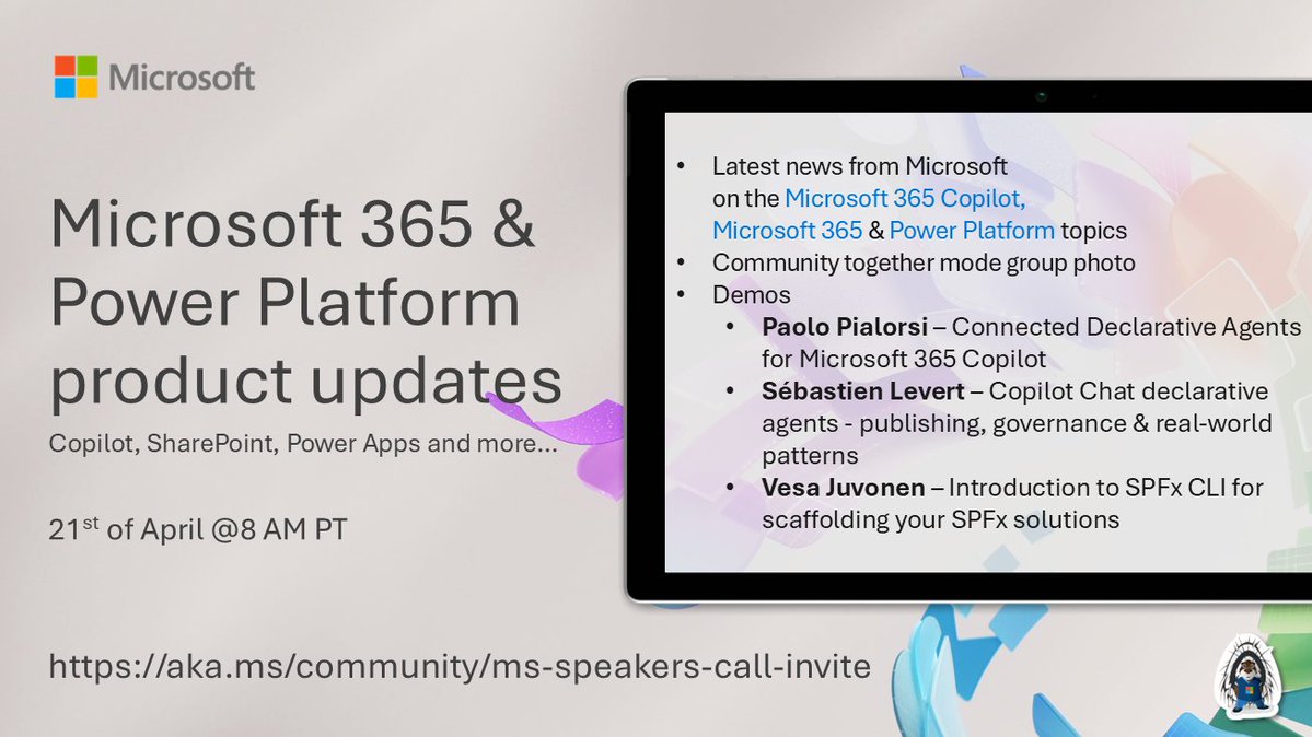 Microsoft365Dev's tweet image. 📅 Agenda for the #Microsoft365 &amp;amp; #PowerPlatform product updates call 21st of April

• The latest news &amp;amp; updates ⚡
• Focus on #Copilot, #SPFx &amp;amp; #Agents
• Presented by @paolopia, @sebastienlevert &amp;amp; @vesajuvonen

+more! 🚀

👋 Join the call → msft.it/6015vBi4T