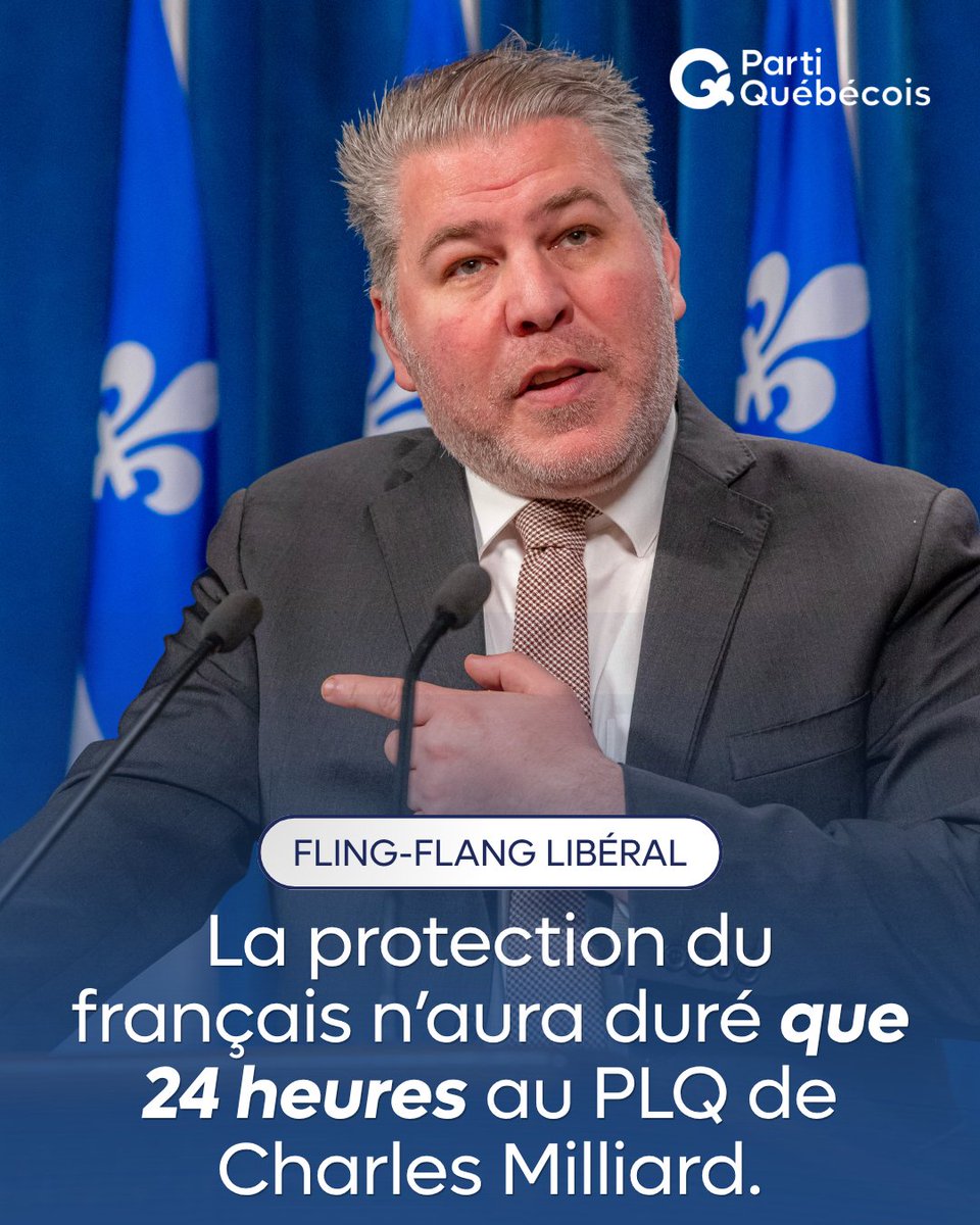 partiquebecois's tweet photo. 24 heures. 

C'est le temps que ça aura pris pour que Charles Milliard cède sous la pression de ses députés de l’Ouest de l'île de Montréal et recule en refusant de s'engager à protéger la réforme de la Charte de la langue française contre les poursuites judiciaires. 

De notre côté, au Parti Québ��cois, personne ne s’offusque qu’on doive protéger davantage la langue française.