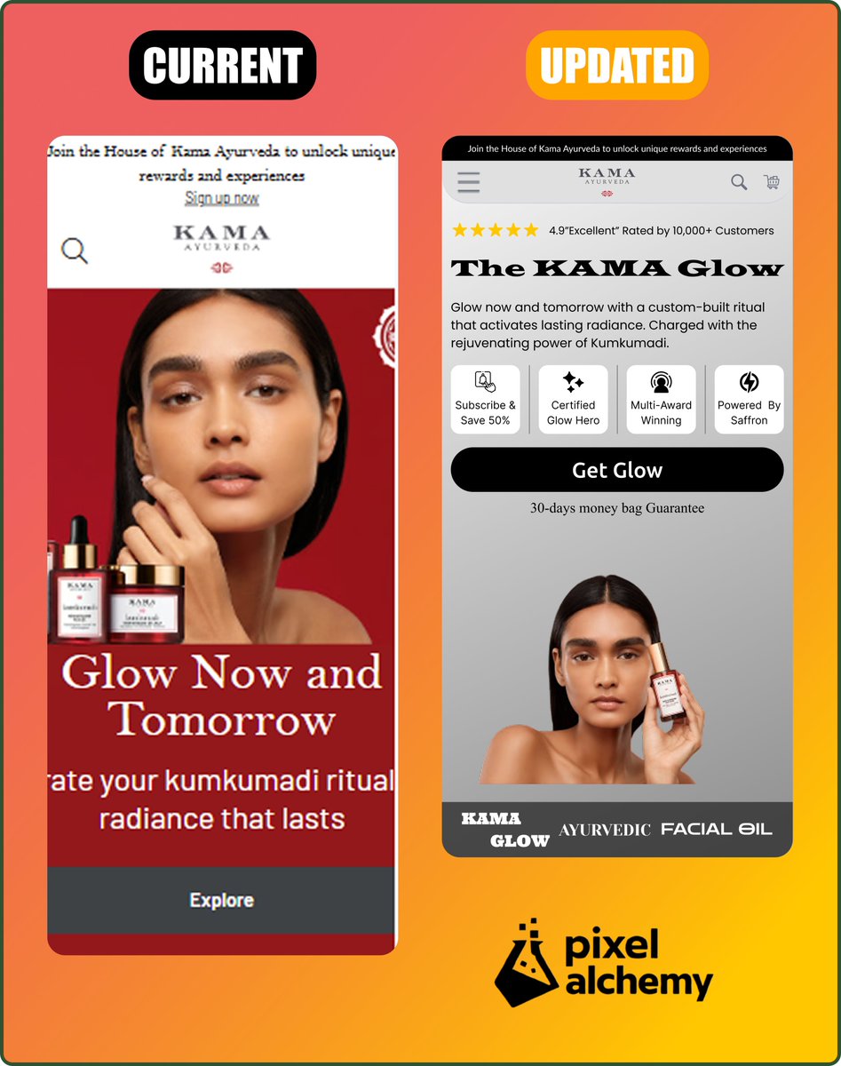 AjeigbeAbi7220's tweet image. Current → Updated mobile hero for Kama Glow.

Built to stop the scroll and drive action.

No clutter. Just clarity + conversion.

#uiux #landingpage #figma #replo #mobiledesign