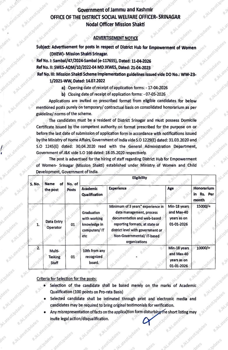 JkLatestUpdates's tweet image. &amp;gt;&amp;gt; #JOBS :Advertisement for Posts in respect of District Hub for Empowerment of Women (DHEW)-Mission Shakti Srinagar. #JkLatestUpdates
.
.
#Srinagar #DHEW #MissionShakti #Kashmir #job @srinagaradmin @SrinagarPolice @diprjk @sakinaitoo @rjnasirkashmir @RJSameenKhan @Mirchi_Rafia