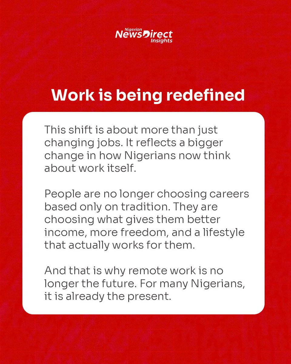 nndinsights's tweet image. Well, this is really working!

Remote jobs are changing the game for Nigerians in real time now

In this slides, we’ve broken down 5 reasons people are making the switch 
#nigeriannewsdirect #viral #remotework #learn #nigerians