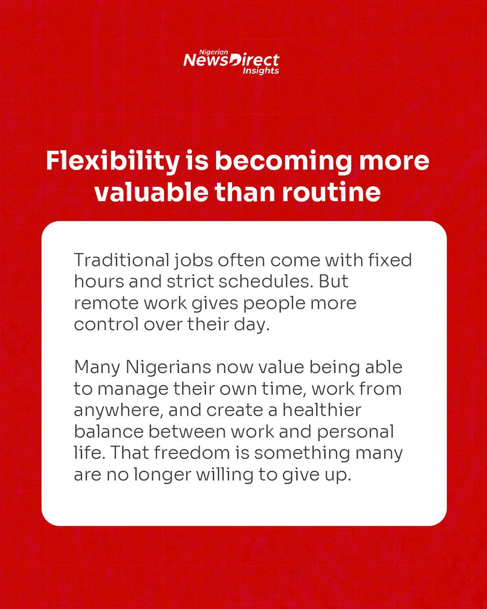 nndinsights's tweet image. Well, this is really working!

Remote jobs are changing the game for Nigerians in real time now

In this slides, we’ve broken down 5 reasons people are making the switch 
#nigeriannewsdirect #viral #remotework #learn #nigerians