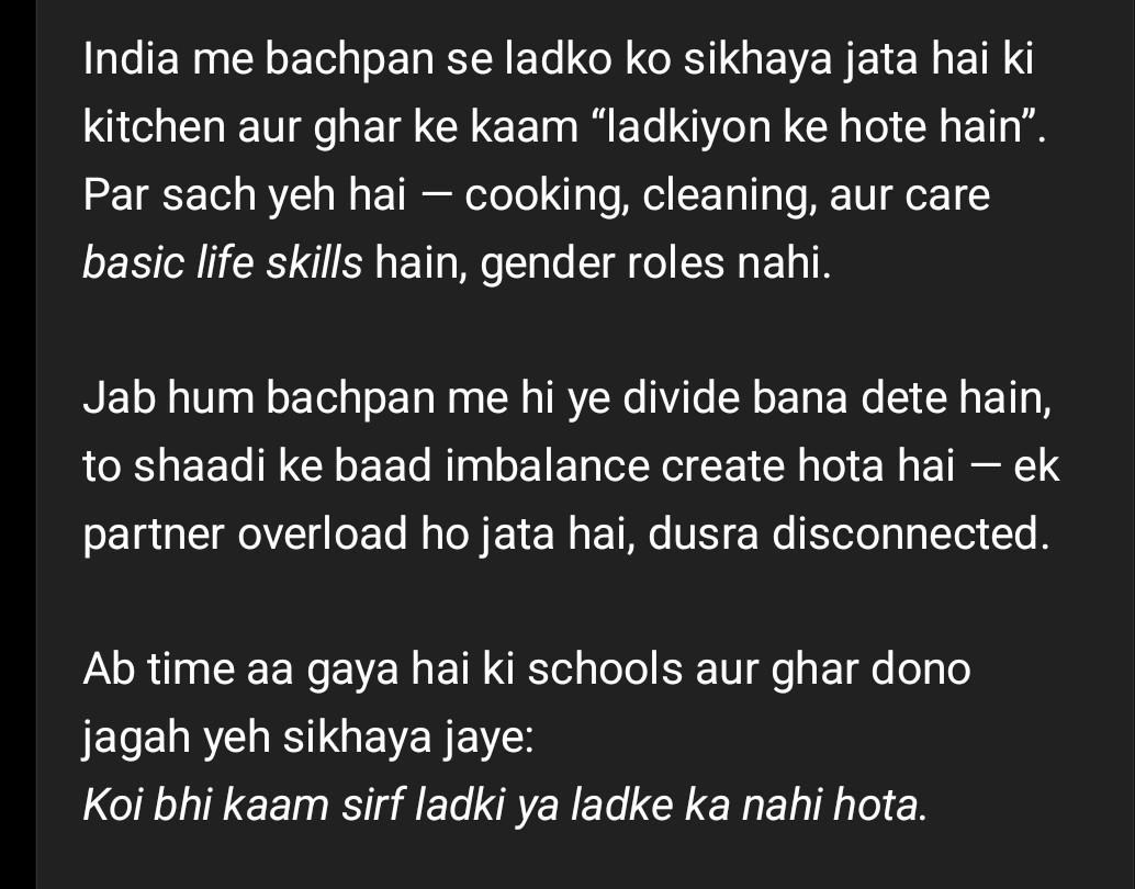 Ayushi429227349's tweet image. Cooking aur cleaning gender roles nahi, survival skills hain — aur yeh baat schools me teachers ko bhi sikhani chahiye.#GenderEquality #EqualResponsibility plz sir thoda sa support agr aap apni kisi ek video me ye bat rkhe to kafi help hogi plz sir 🙏