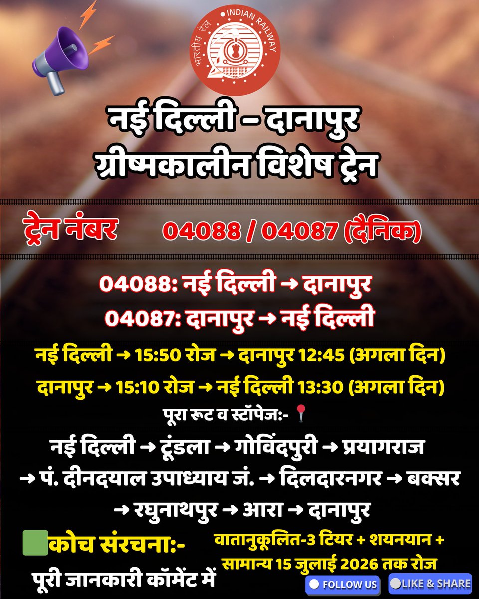 Indianrailgadi's tweet image. 🚆 नई दिल्ली से दानापुर दैनिक समर स्पेशल 04088/04087 प्रतिदिन | 20 अप्रैल से 15 जुलाई 2026  #IndianRailways #NorthernRailway #SummerSpecial #TrainUpdate