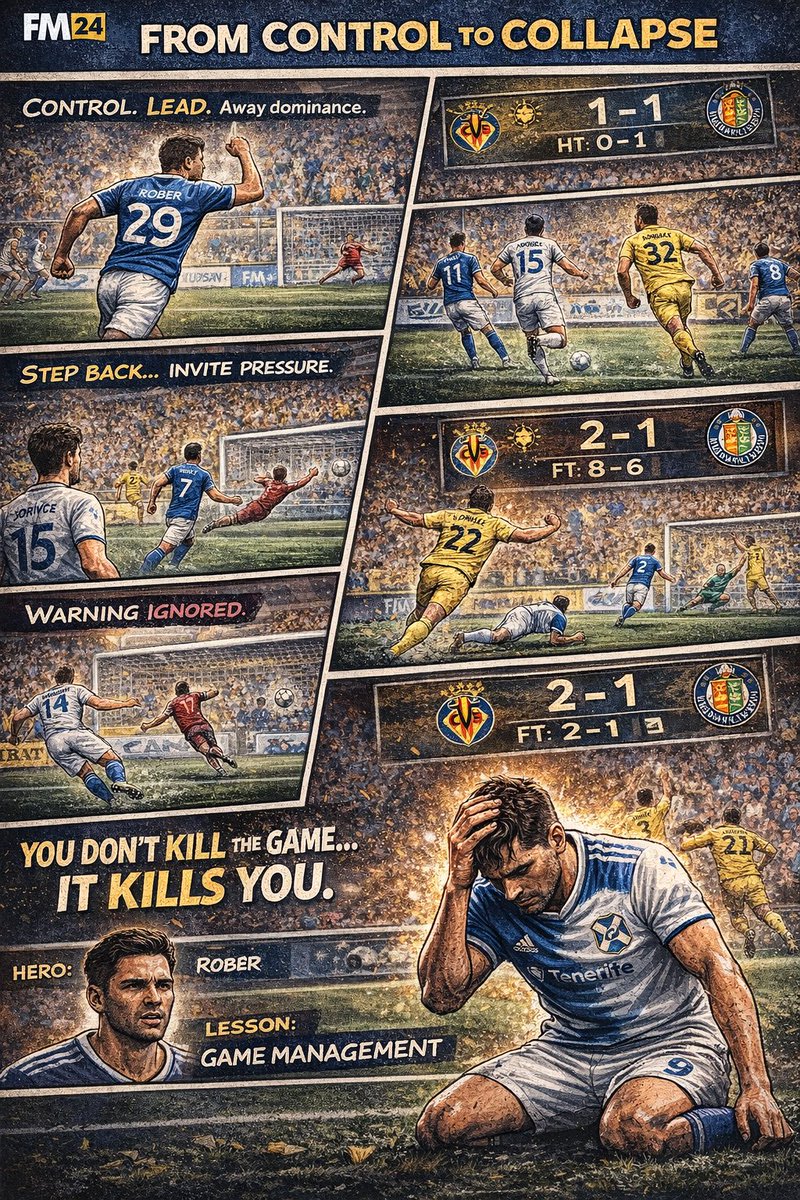 FMCHITAMONKEY's tweet image. FROM CONTROL TO COLLAPSE. 

Tenerife leads through Róber, controls the game… then drops too deep and pays the price. Villarreal turns it around late.

Didn’t kill it. Got punished.

⚽ Róber
📉 83’ &amp;amp; 86’

Lesson learned.

#FM24 #FootballManager #Tenerife #LaLiga #RoadToGlory
